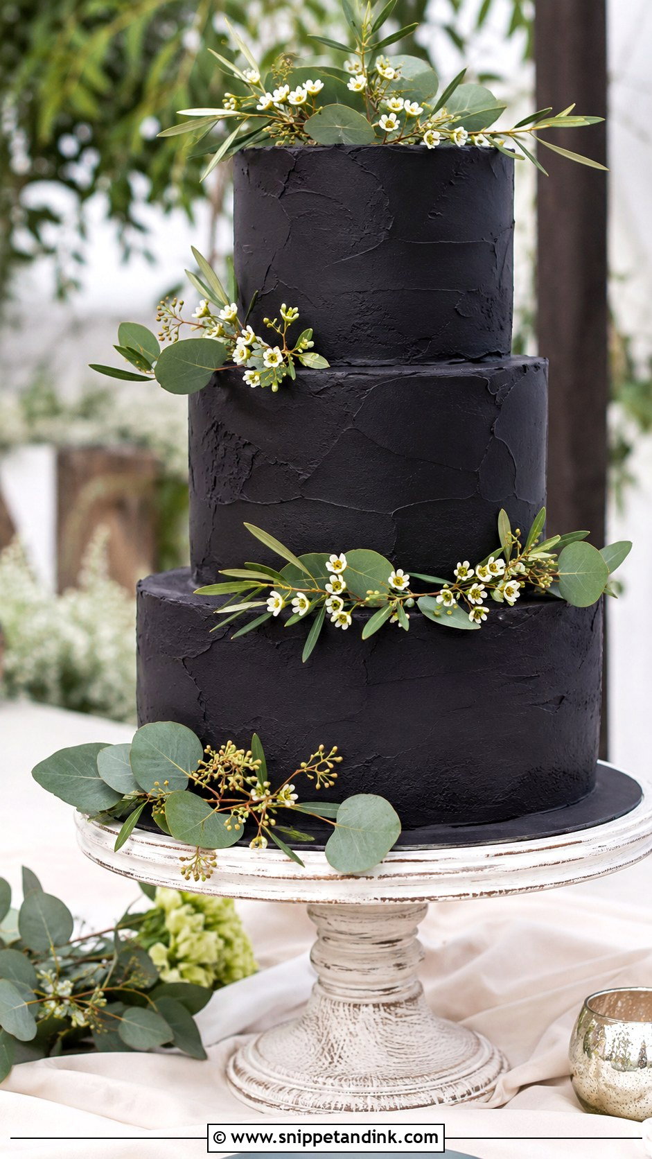 Black Wedding Cake With Greenery - Snippet and Ink - 20 Black Wedding Cake Ideas