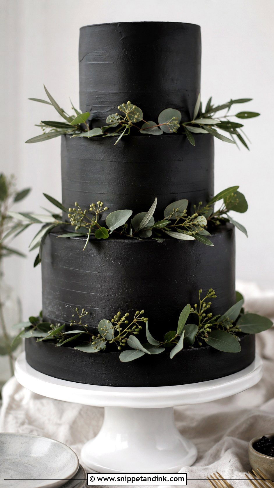 Black Wedding Cake With Greenery - Snippet and Ink - 25 Black and Green Wedding Cake Ideas