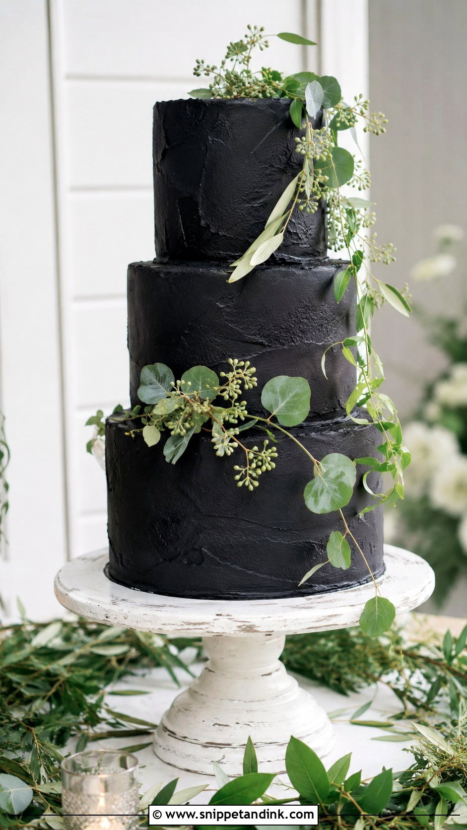 Black Wedding Cake With Greenery - Snippet and Ink - 20 Black Colour Cake Design Ideas for Wedding