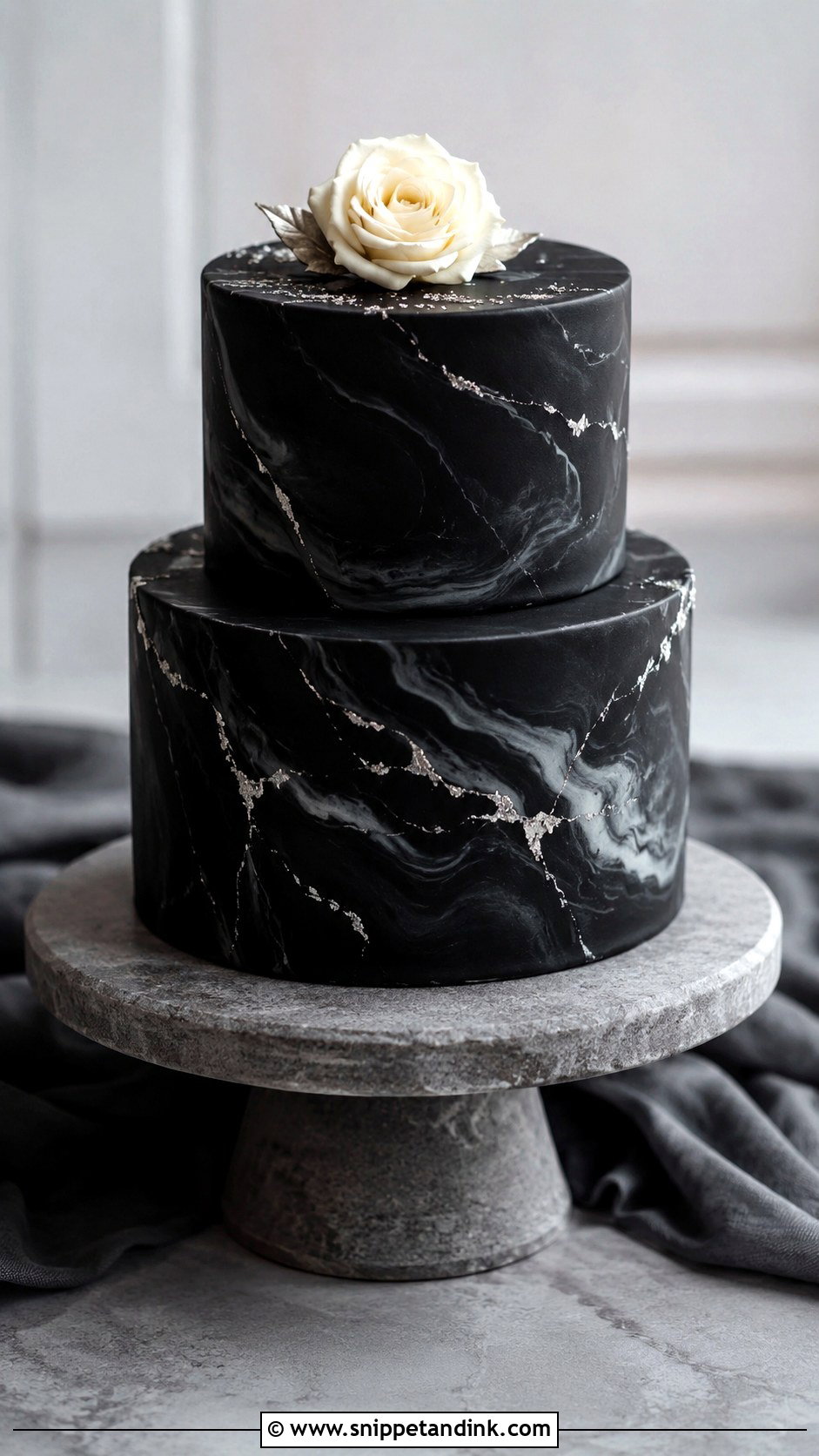 Black Wedding Cake With Marble Effect - Snippet and Ink - 20 Black Minimalist Cake Ideas for Wedding