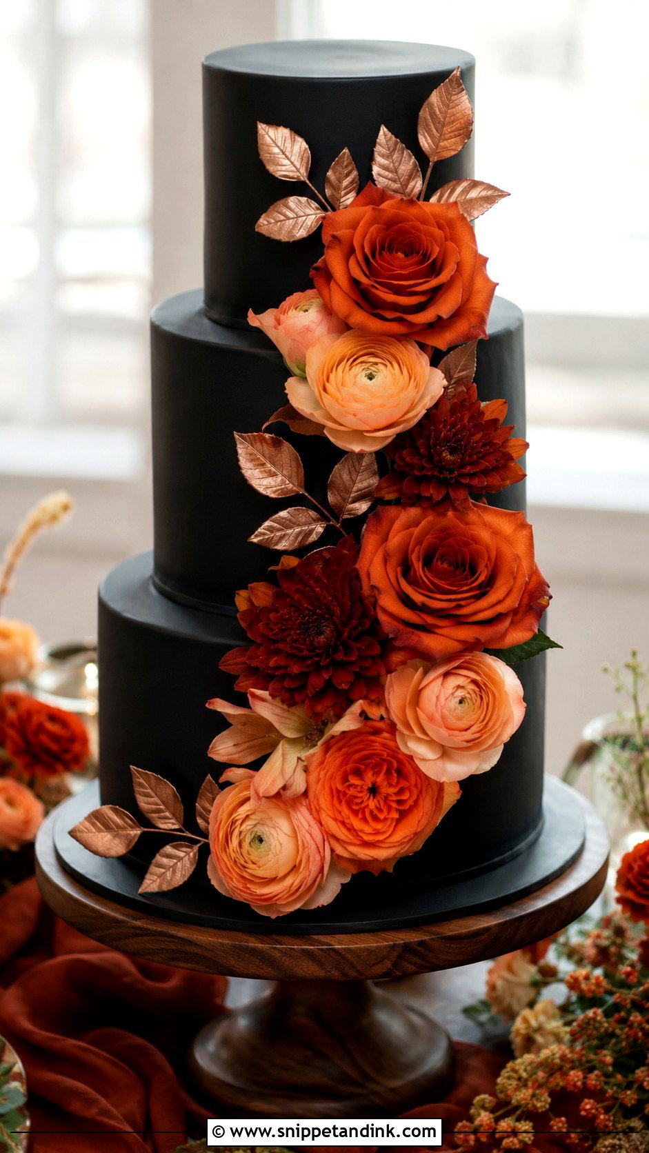 Black Wedding Cake With Orange Flowers - Snippet and Ink - 20 Black Flower Wedding Cake Ideas