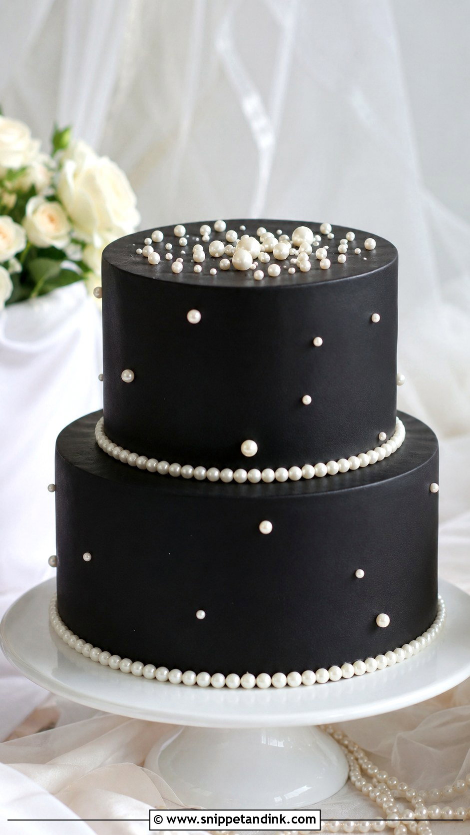 Black Wedding Cake With Pearl Detail - Snippet and Ink - 20 Black Minimalist Cake Ideas for Wedding