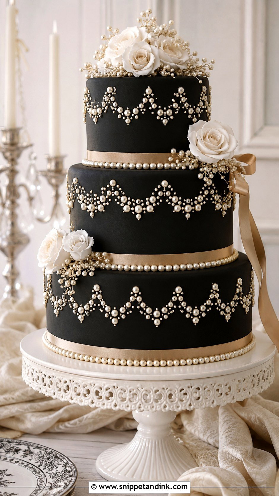 Black Wedding Cake With Pearls - Snippet and Ink - 20 Black Wedding Cake Ideas