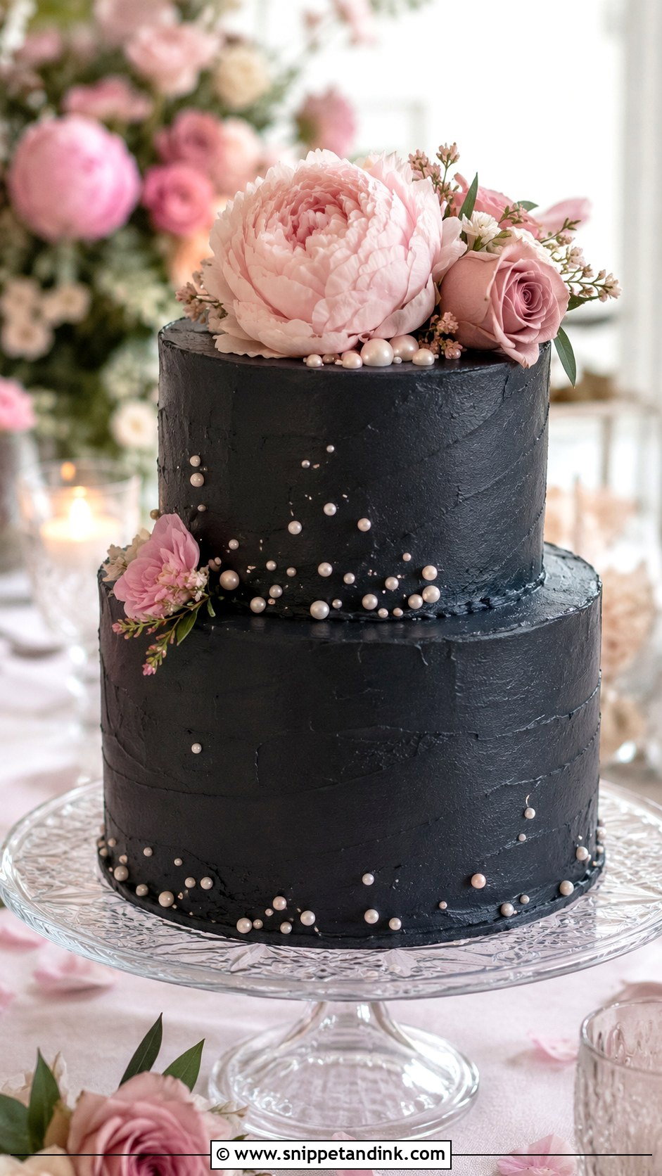 Black Wedding Cake With Pink Flowers - Snippet and Ink - 20 Black Flower Wedding Cake Ideas