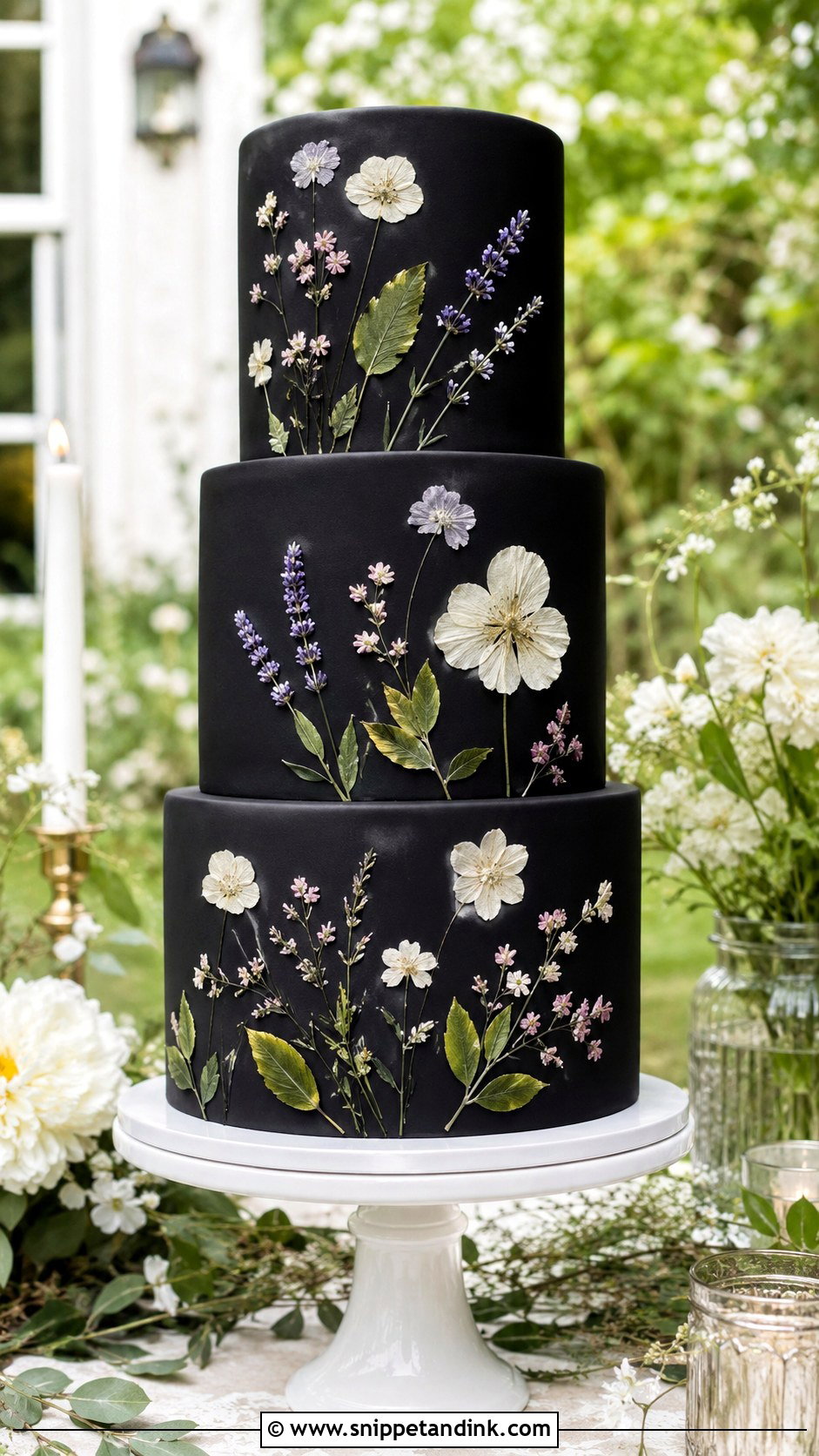Black Wedding Cake With Pressed Flowers - Snippet and Ink - 20 Black Flower Wedding Cake Ideas
