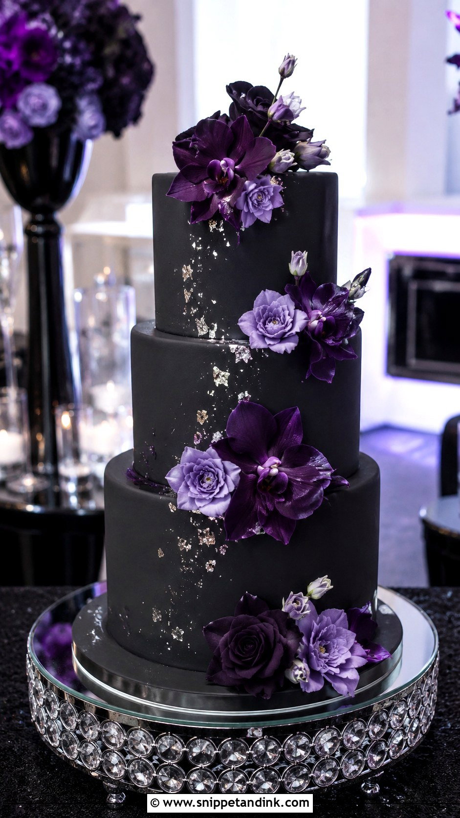 Black Wedding Cake With Purple Flowers - Snippet and Ink - 20 Black Flower Wedding Cake Ideas