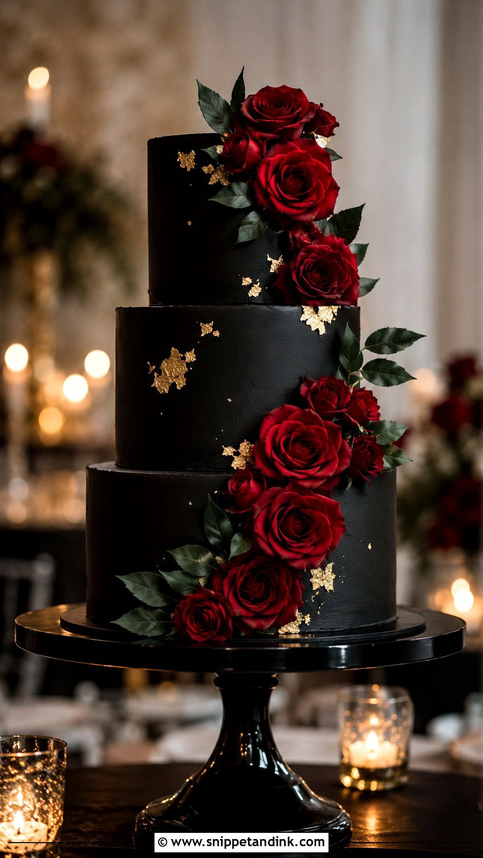 Black Wedding Cake With Red Flowers - Snippet and Ink - 20 Black Flower Wedding Cake Ideas