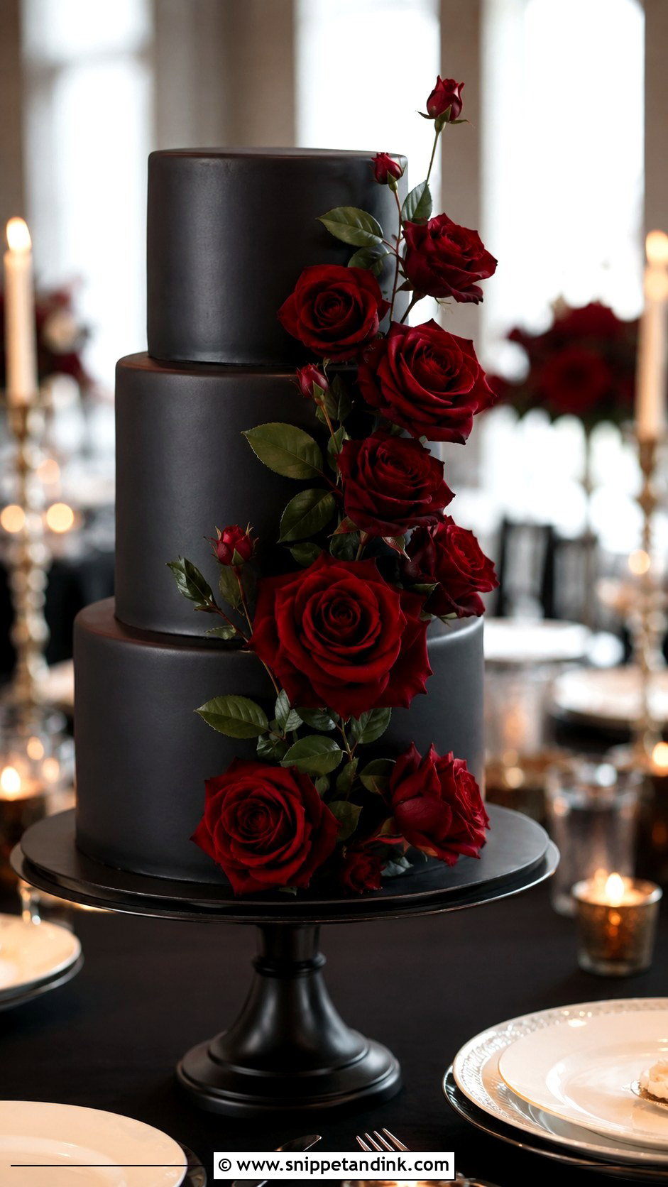 Black Wedding Cake With Red Roses - Snippet and Ink - 20 Black Wedding Cake Ideas