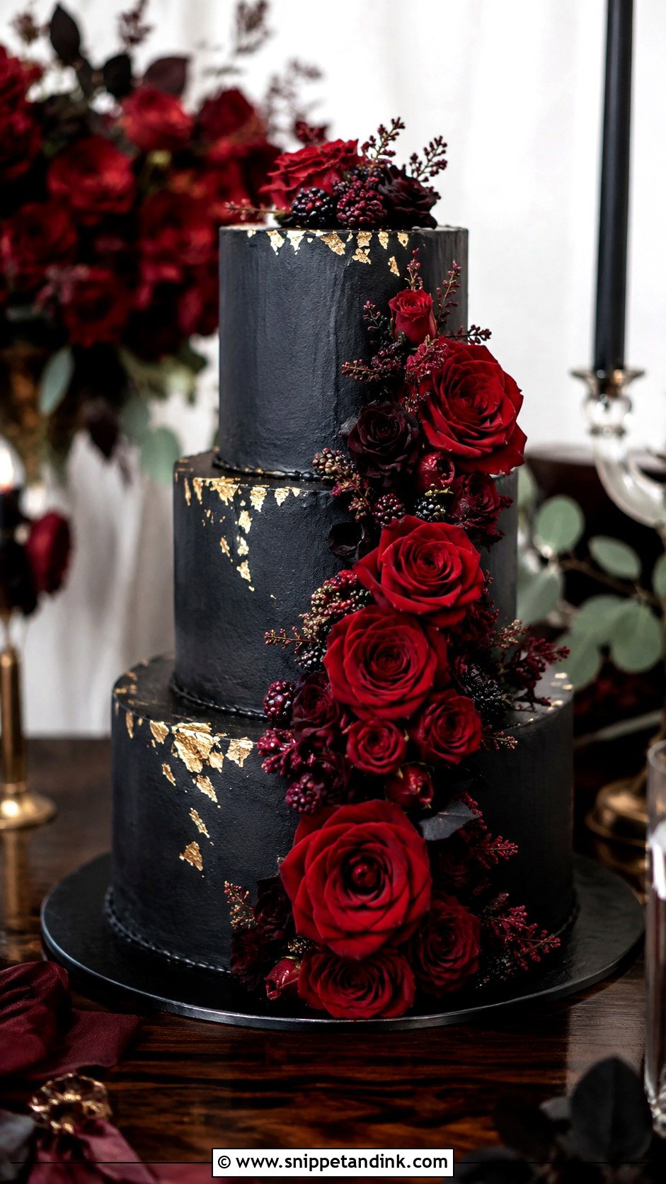 Black Wedding Cake With Red Roses - Snippet and Ink - 20 Black Colour Cake Design Ideas for Wedding