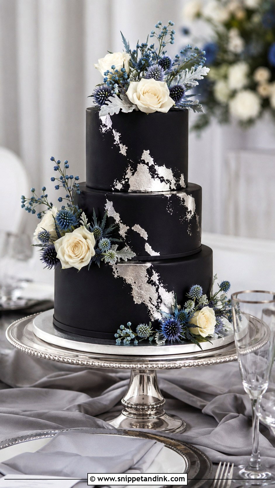 Black Wedding Cake With Silver Details - Snippet and Ink - 20 Black Wedding Cake Ideas