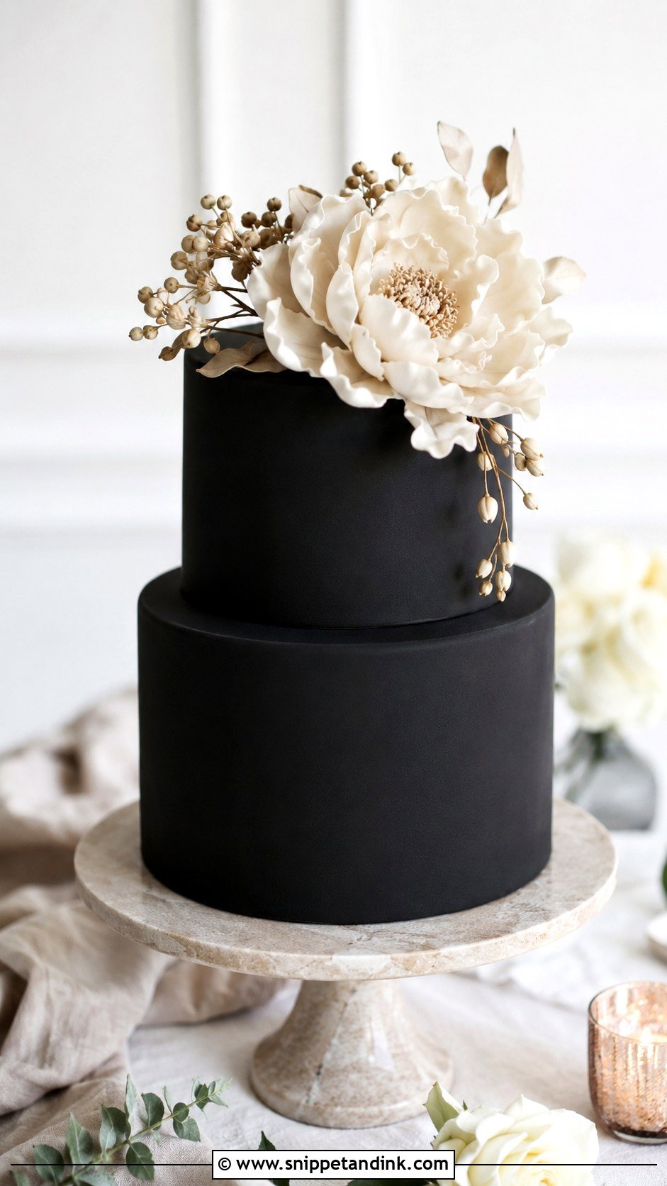 Black Wedding Cake With Sugar Flowers - Snippet and Ink - 20 Black Minimalist Cake Ideas for Wedding