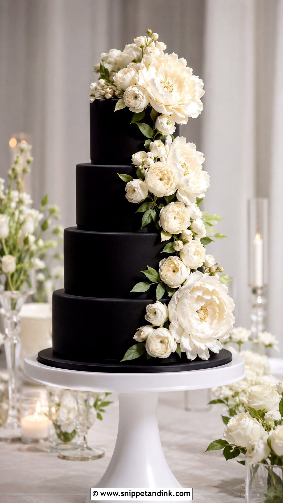 Black Wedding Cake With Sugar Flowers - Snippet and Ink - 20 Black Wedding Cake Ideas