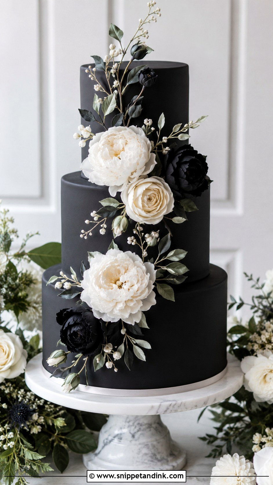 Black Wedding Cake With Sugar Flowers - Snippet and Ink - 20 Black Flower Wedding Cake Ideas