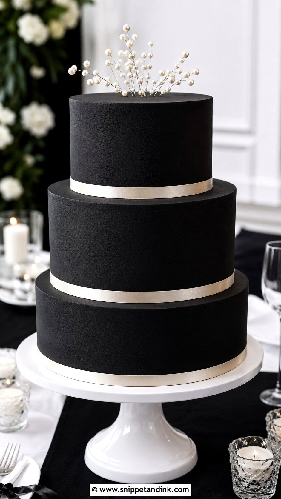 Black Wedding Cake With Thin Ribbon - Snippet and Ink - 20 Black Minimalist Cake Ideas for Wedding