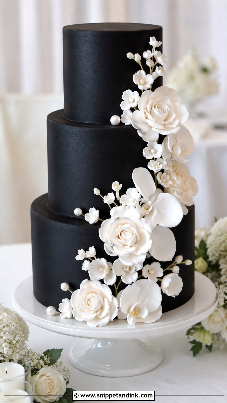 Black Wedding Cake With White Flowers - Snippet and Ink - 20 Black Flower Wedding Cake Ideas