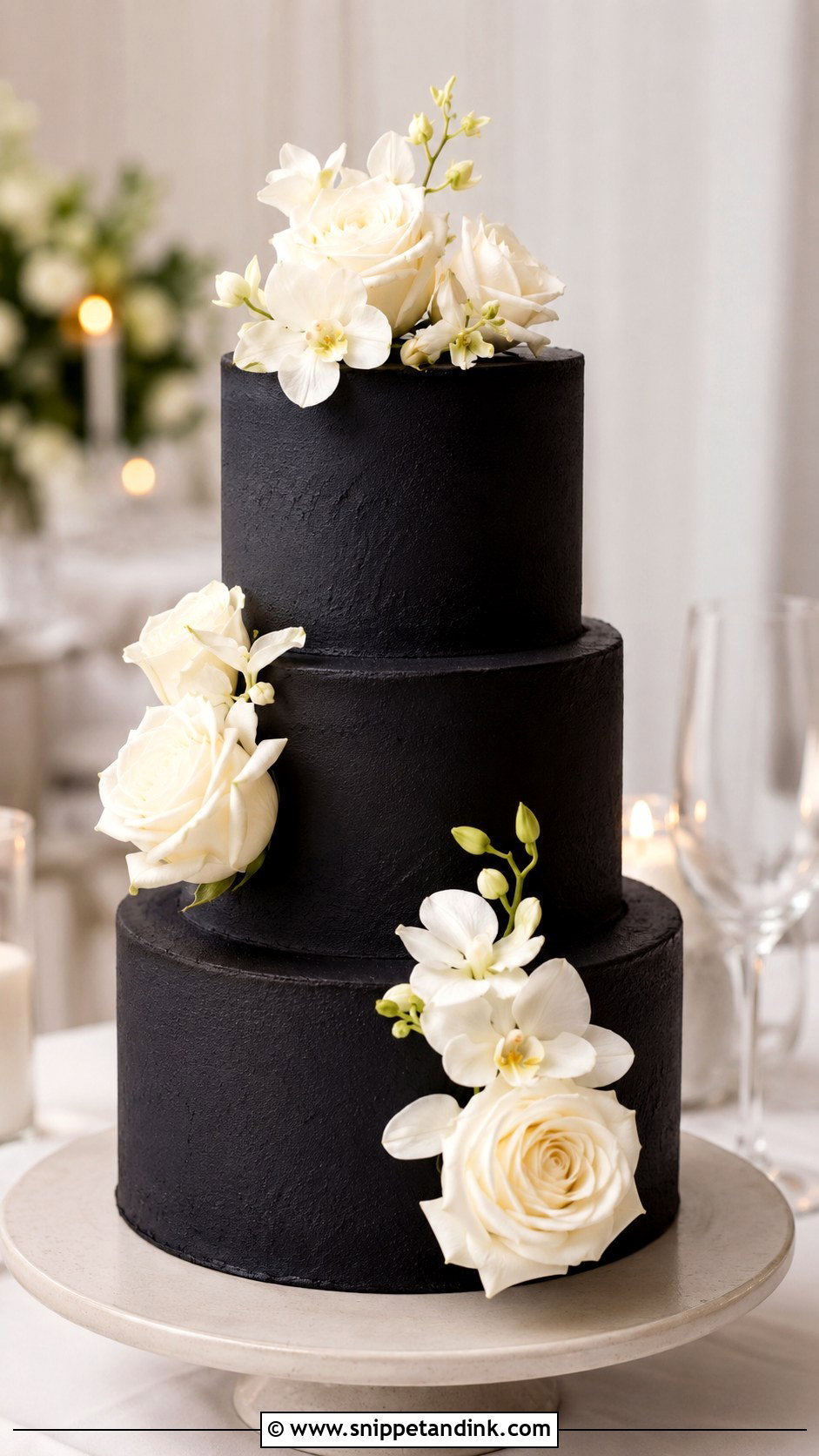 Black Wedding Cake With White Flowers - Snippet and Ink - 20 Black Minimalist Cake Ideas for Wedding