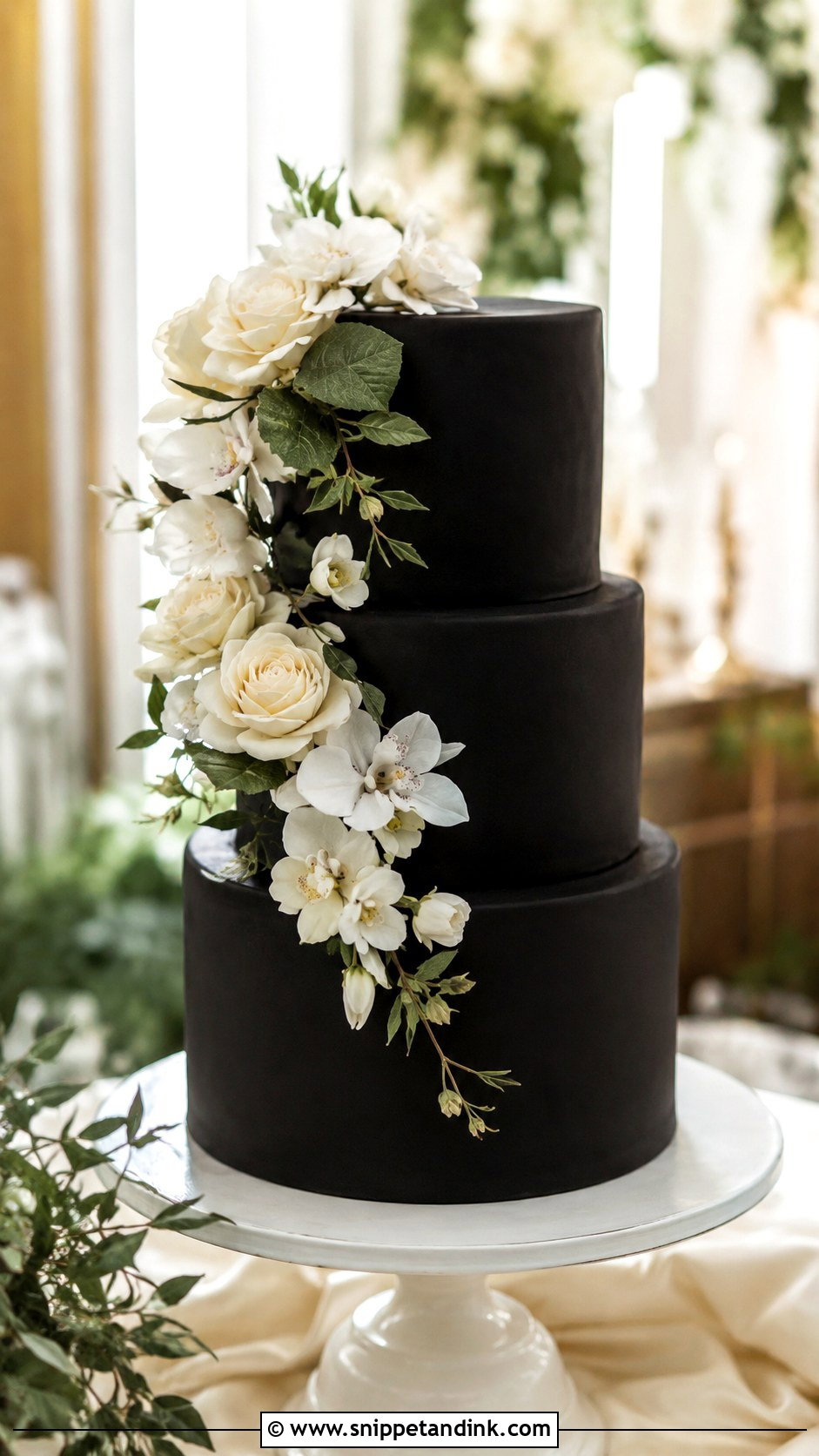 Black Wedding Cake With White Flowers - Snippet and Ink - 20 Black Wedding Cake Ideas