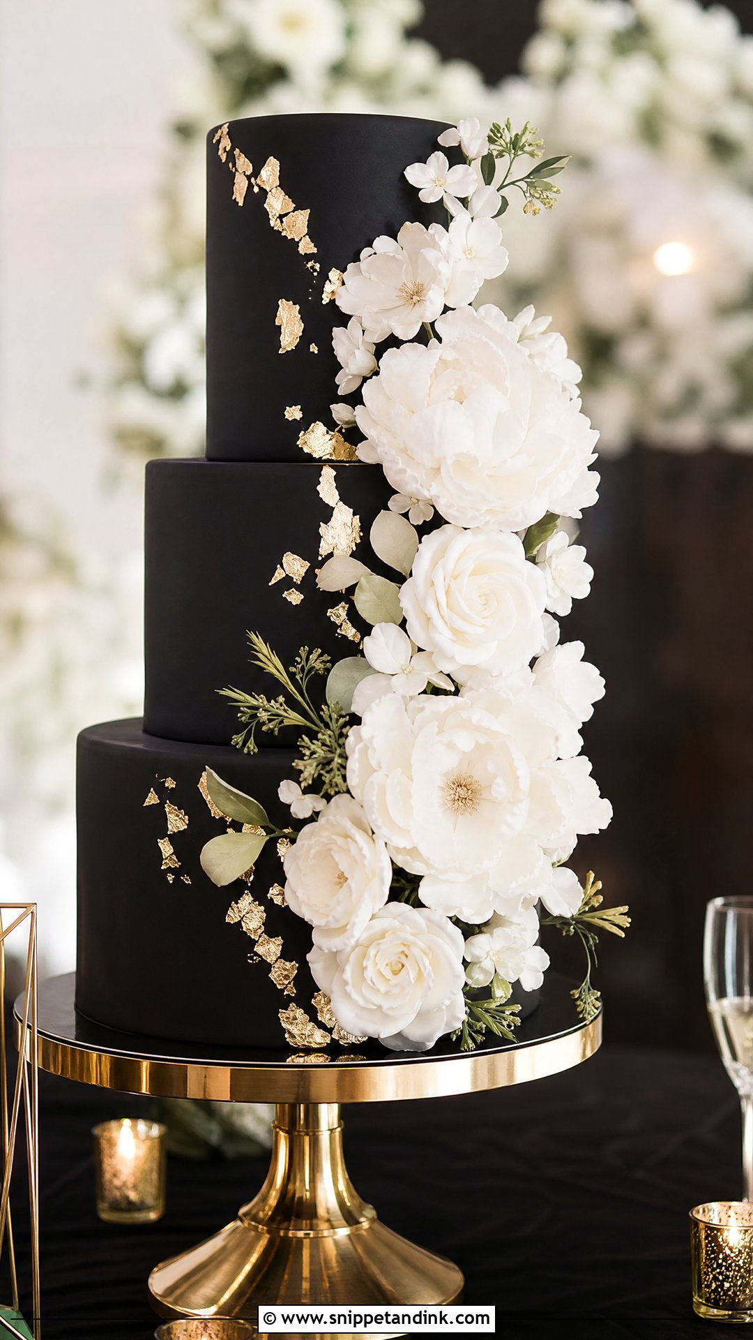Black Wedding Cake With White Flowers - Snippet and Ink - 20 White Gold and Black Cake Ideas for Wedding