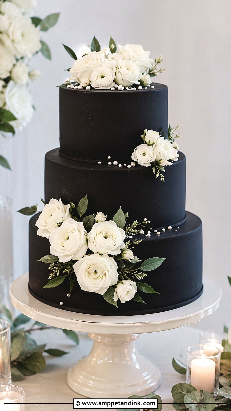 Black Wedding Cake With White Flowers - Snippet and Ink - 20 Black Colour Cake Design Ideas for Wedding