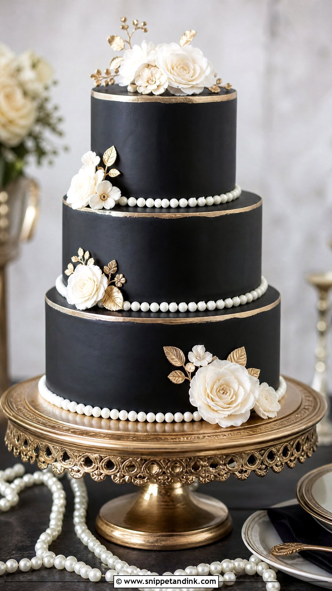 Black Wedding Cake With White Pearls - Snippet and Ink - 20 White Gold and Black Cake Ideas for Wedding