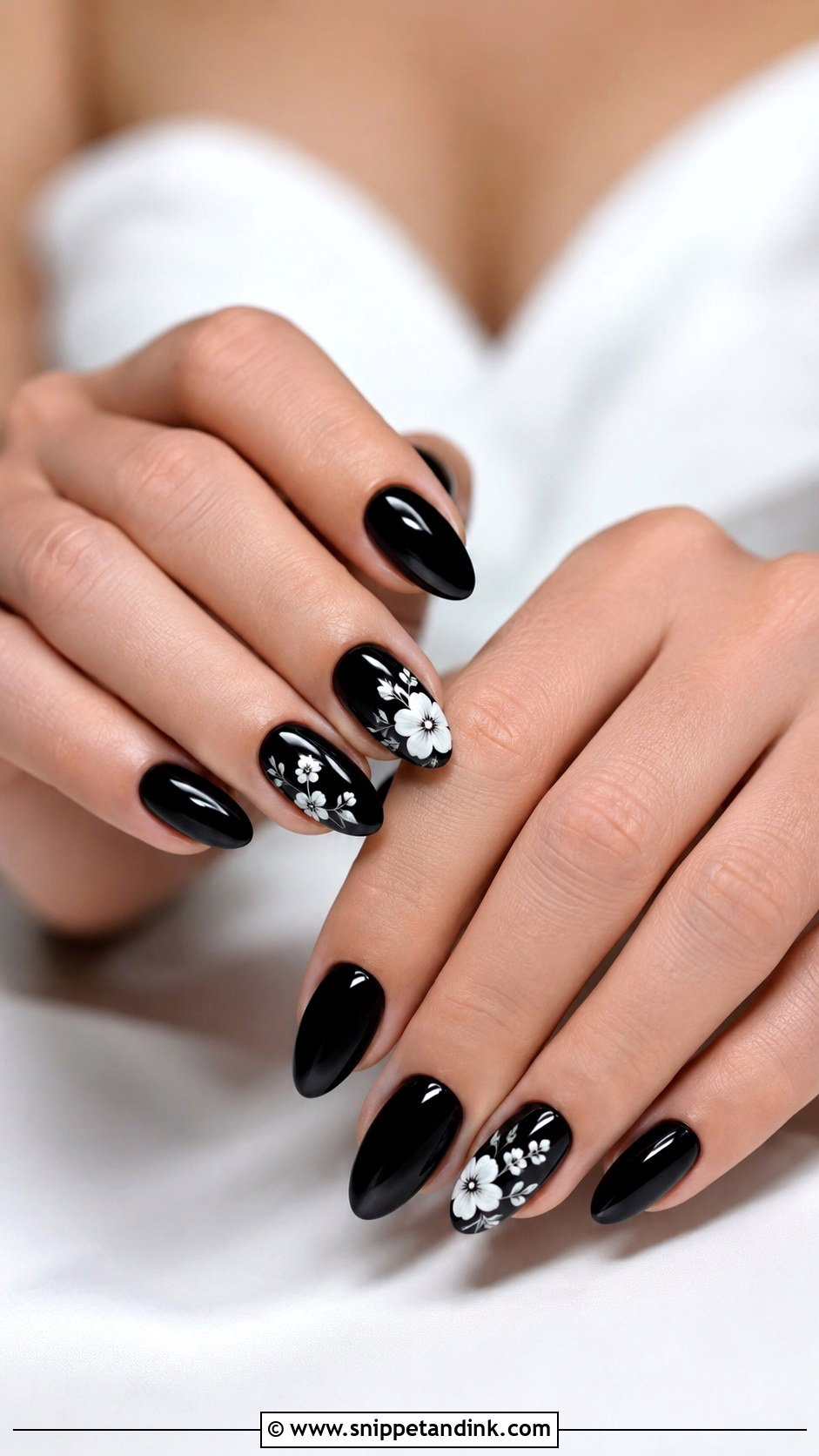 Black Wedding Nails With White Flowers - Snippet and Ink - 20 Black and White Wedding Nails