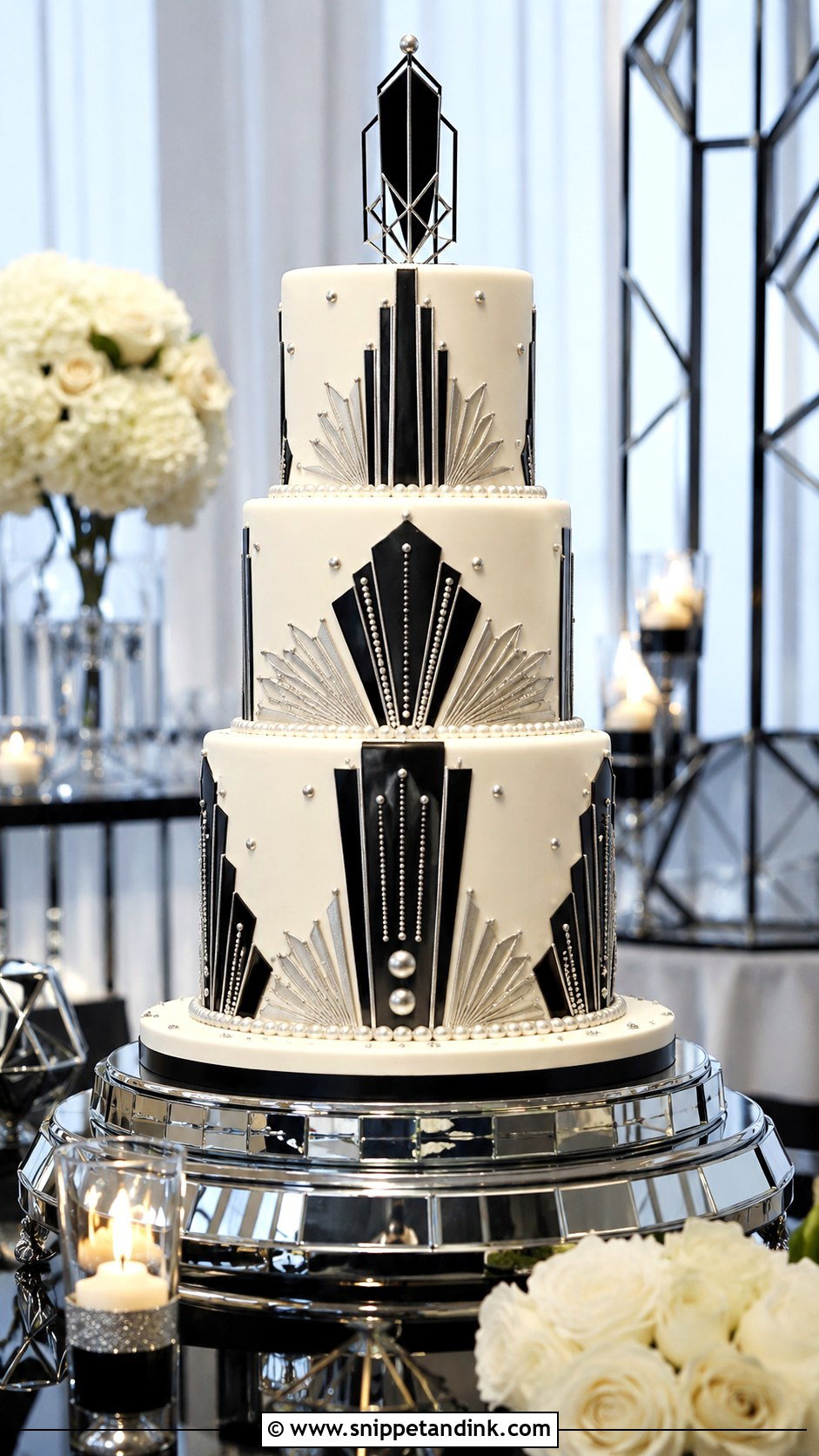 Black White And Silver Art Deco Wedding Cake - Snippet and Ink - 20 Black White and Silver Wedding Cake Ideas