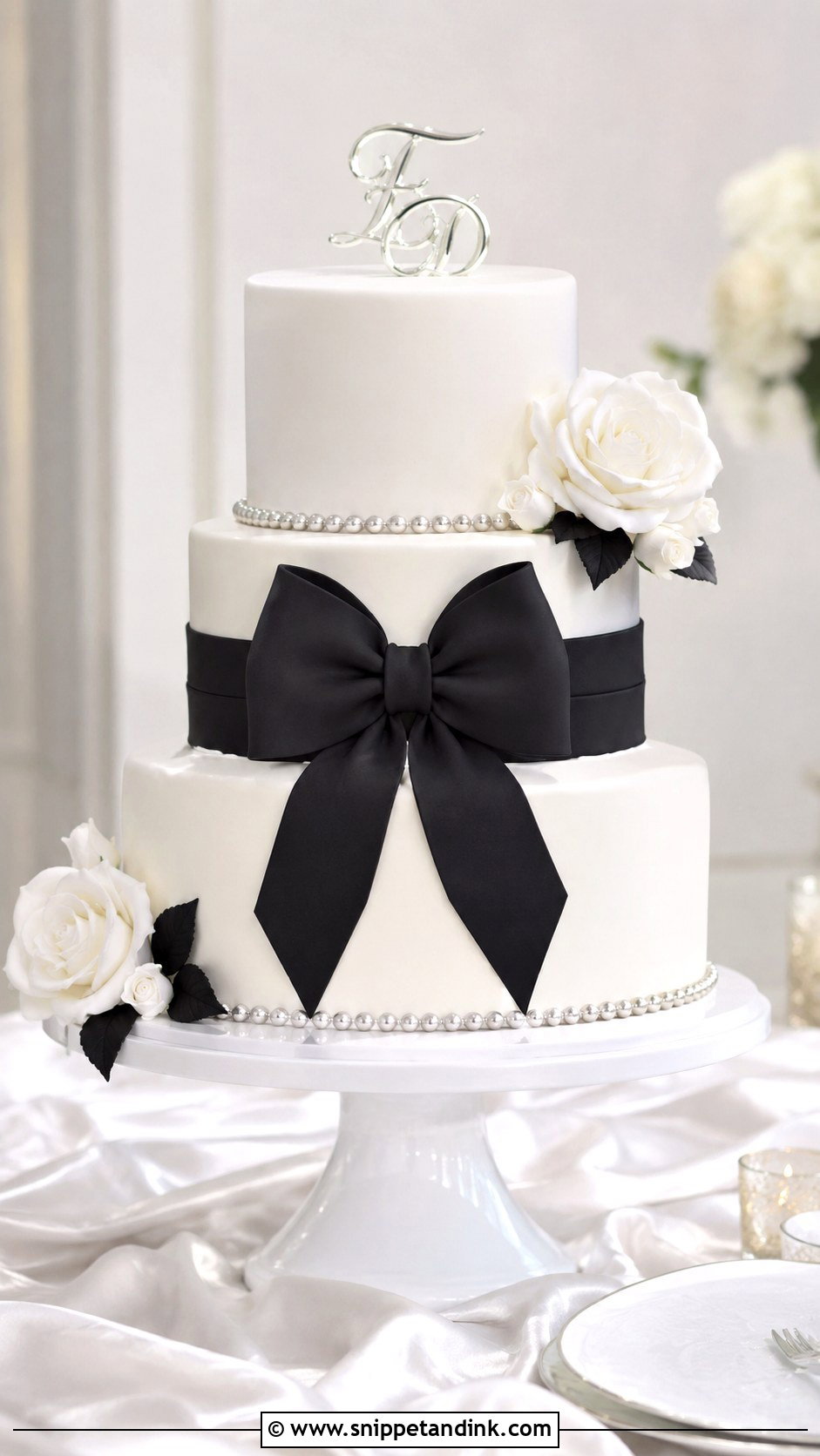 Black White And Silver Bow Wedding Cake - Snippet and Ink - 20 Black White and Silver Wedding Cake Ideas