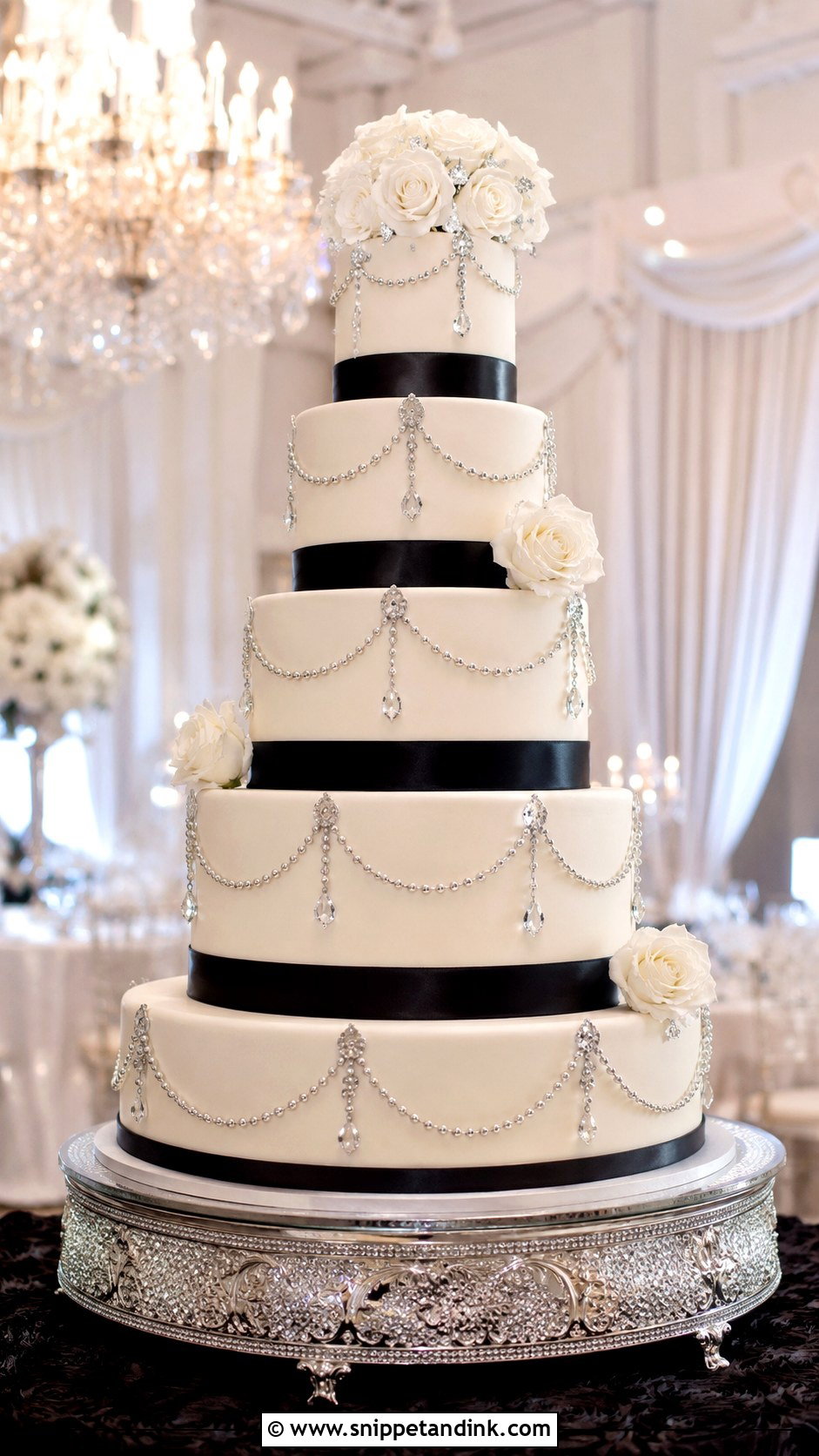 Black White And Silver Chandelier Wedding Cake - Snippet and Ink - 20 Black White and Silver Wedding Cake Ideas