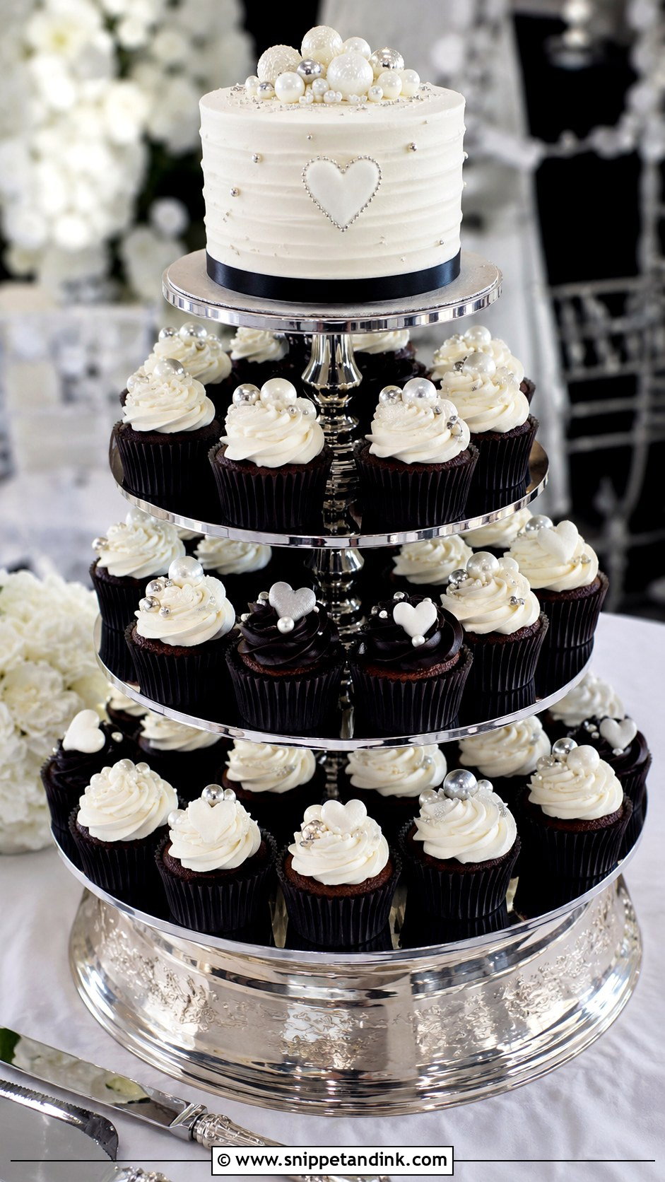 Black White And Silver Cupcake Wedding Cake - Snippet and Ink - 20 Black White and Silver Wedding Cake Ideas