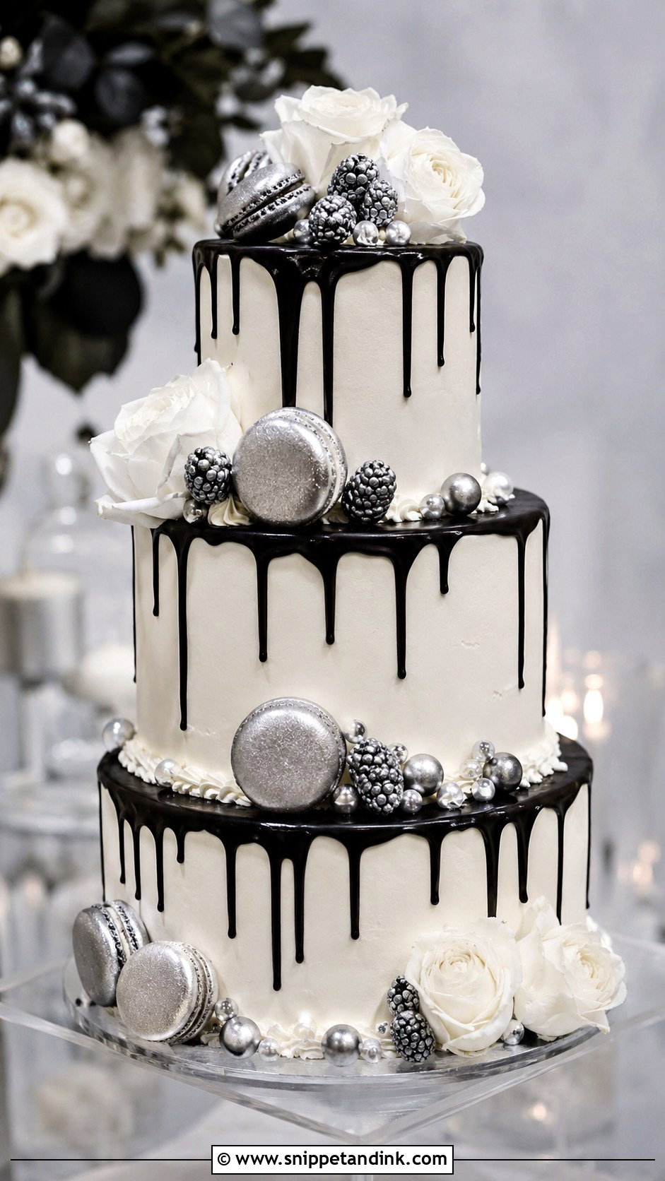 Black White And Silver Drip Wedding Cake - Snippet and Ink - 20 Black White and Silver Wedding Cake Ideas