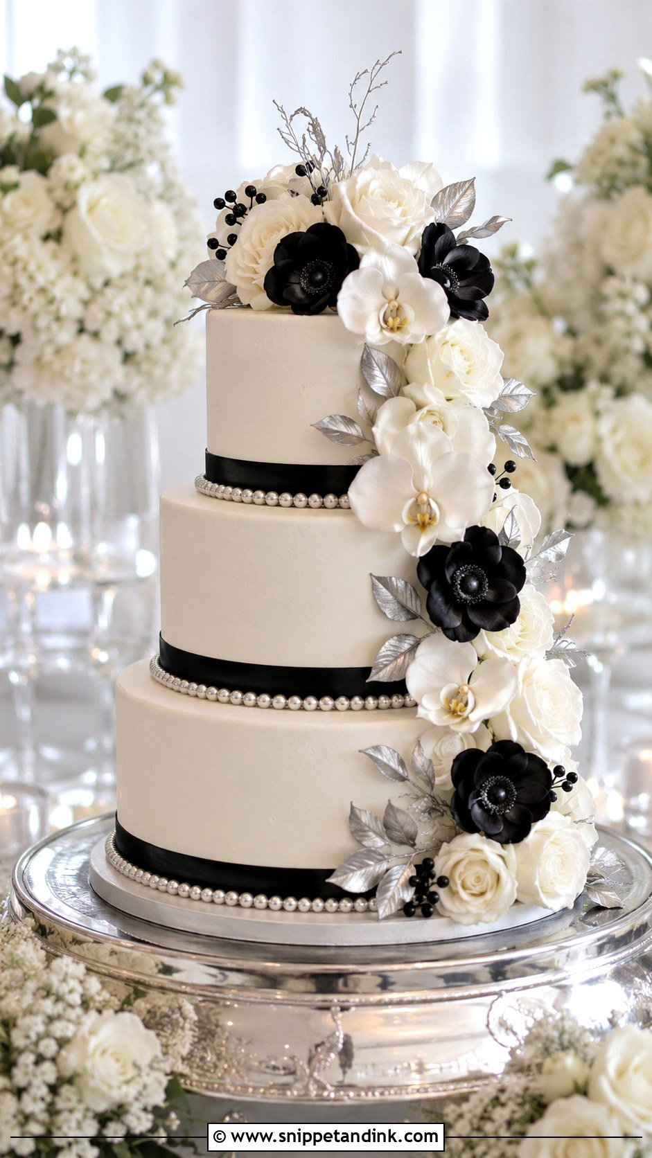 Black White And Silver Floral Wedding Cake - Snippet and Ink - 20 Black White and Silver Wedding Cake Ideas