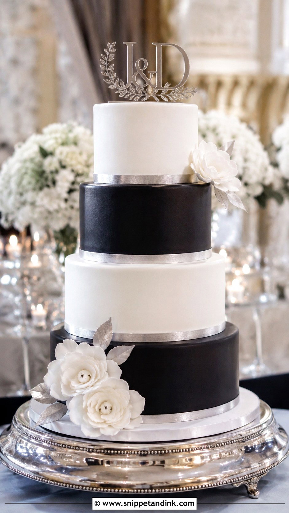 Black White And Silver Fondant Wedding Cake - Snippet and Ink - 20 Black White and Silver Wedding Cake Ideas