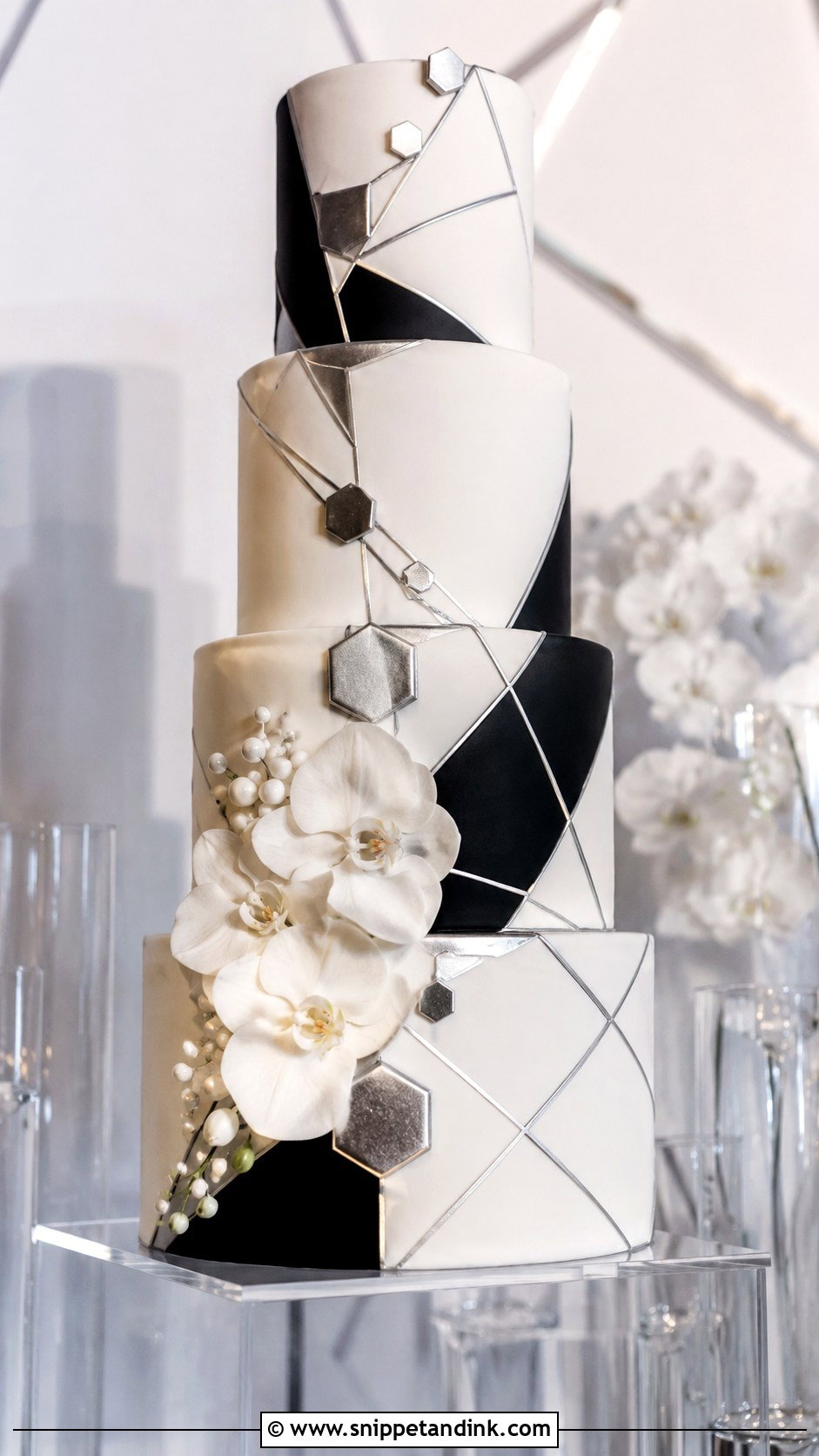 Black White And Silver Geometric Wedding Cake - Snippet and Ink - 20 Black White and Silver Wedding Cake Ideas