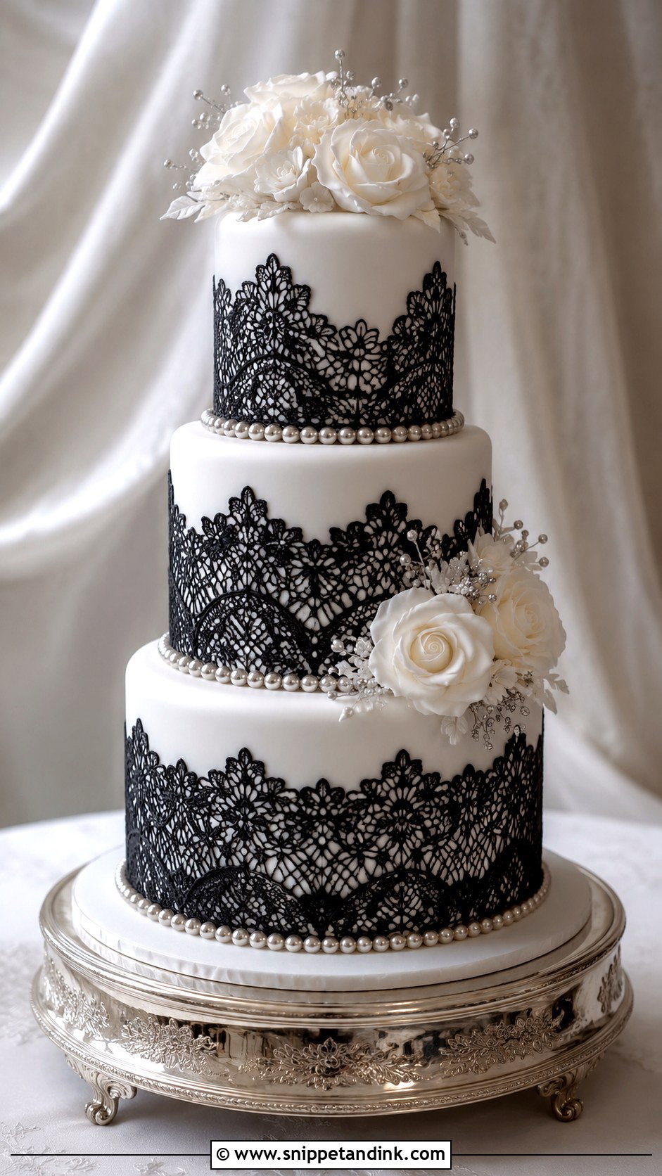 Black White And Silver Lace Wedding Cake - Snippet and Ink - 20 Black White and Silver Wedding Cake Ideas