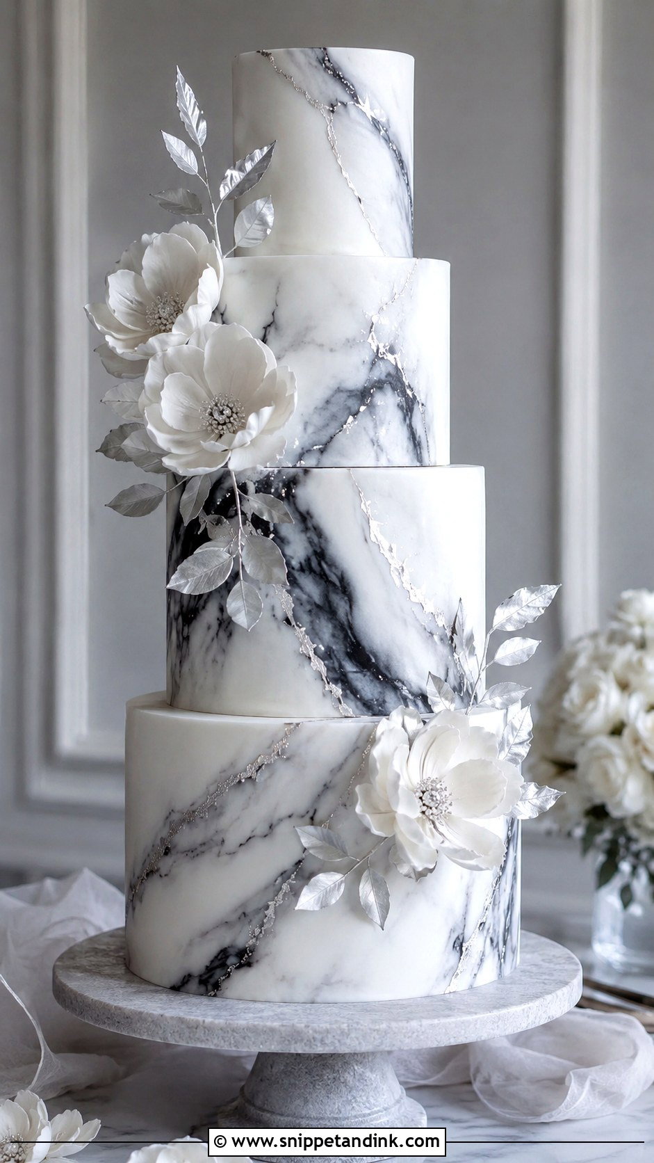 Black White And Silver Marble Wedding Cake - Snippet and Ink - 20 Black White and Silver Wedding Cake Ideas