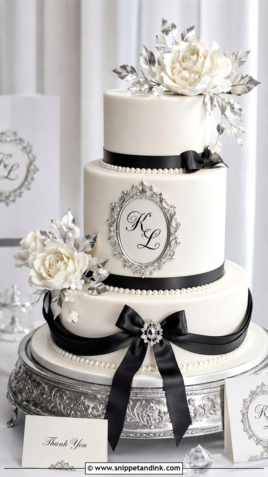 Black White And Silver Monogram Wedding Cake - Snippet and Ink - 20 Black White and Silver Wedding Cake Ideas