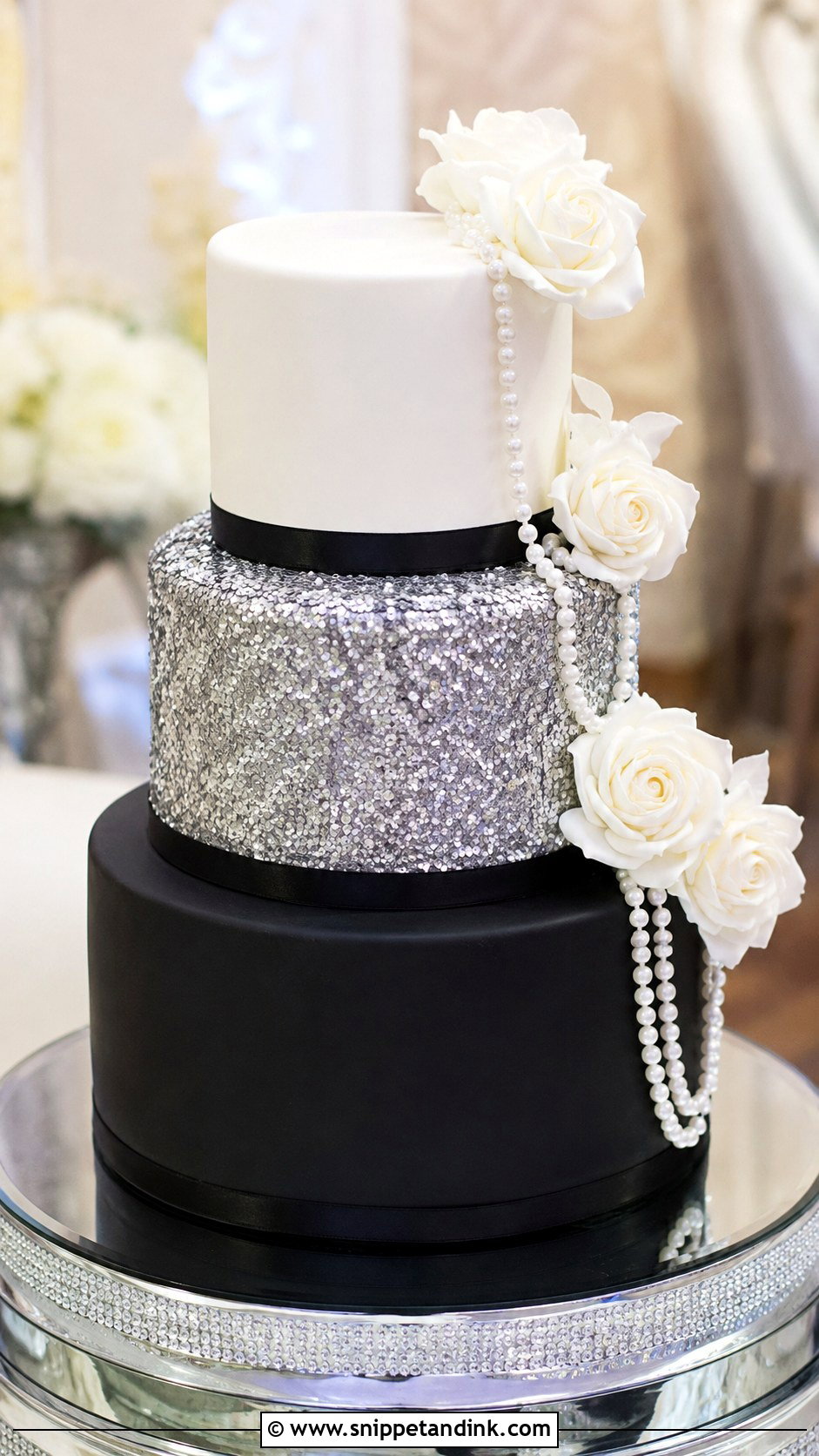 Black White And Silver Sequin Wedding Cake - Snippet and Ink - 20 Black White and Silver Wedding Cake Ideas
