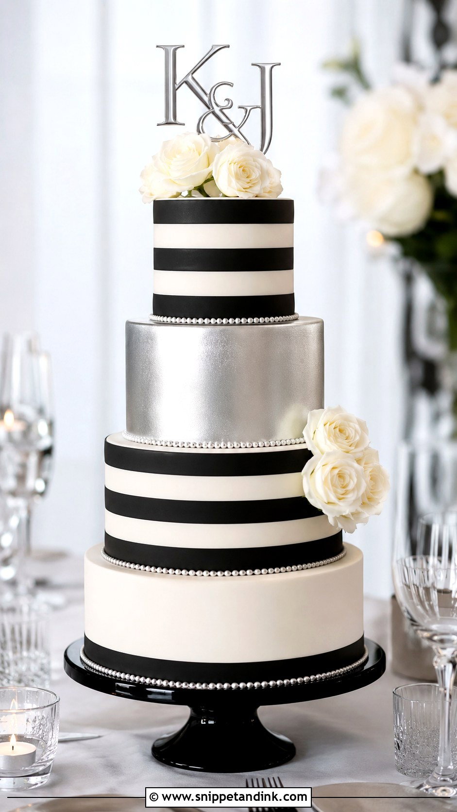 Black White And Silver Striped Wedding Cake - Snippet and Ink - 20 Black White and Silver Wedding Cake Ideas