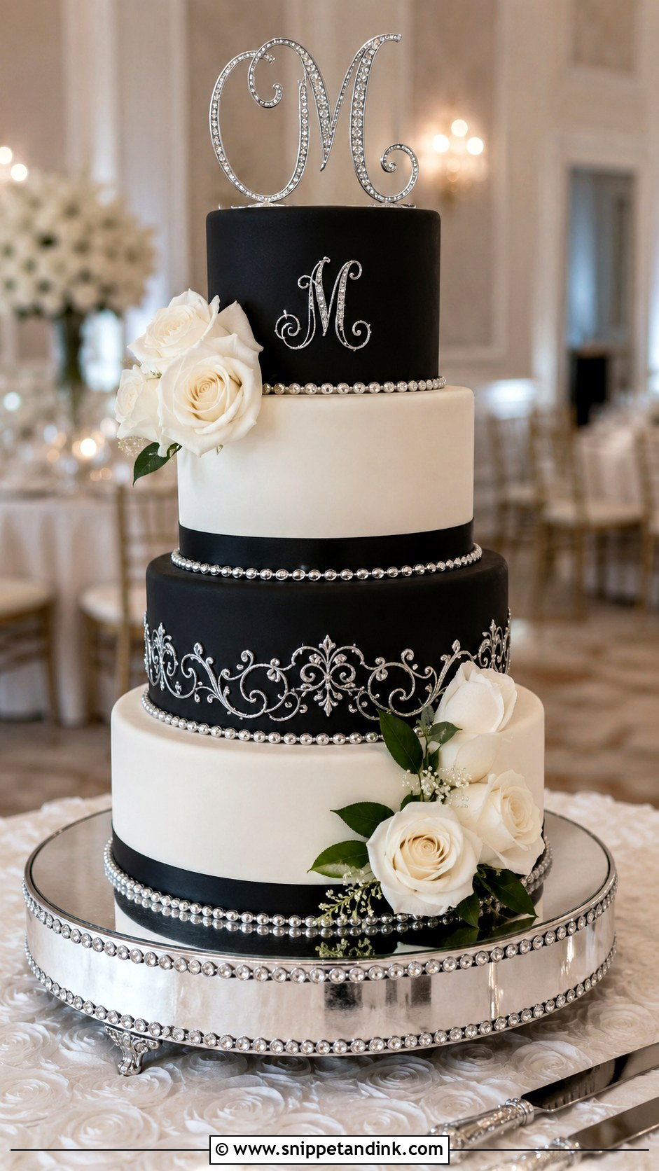Black White And Silver Tiered Wedding Cake - Snippet and Ink - 20 Black White and Silver Wedding Cake Ideas