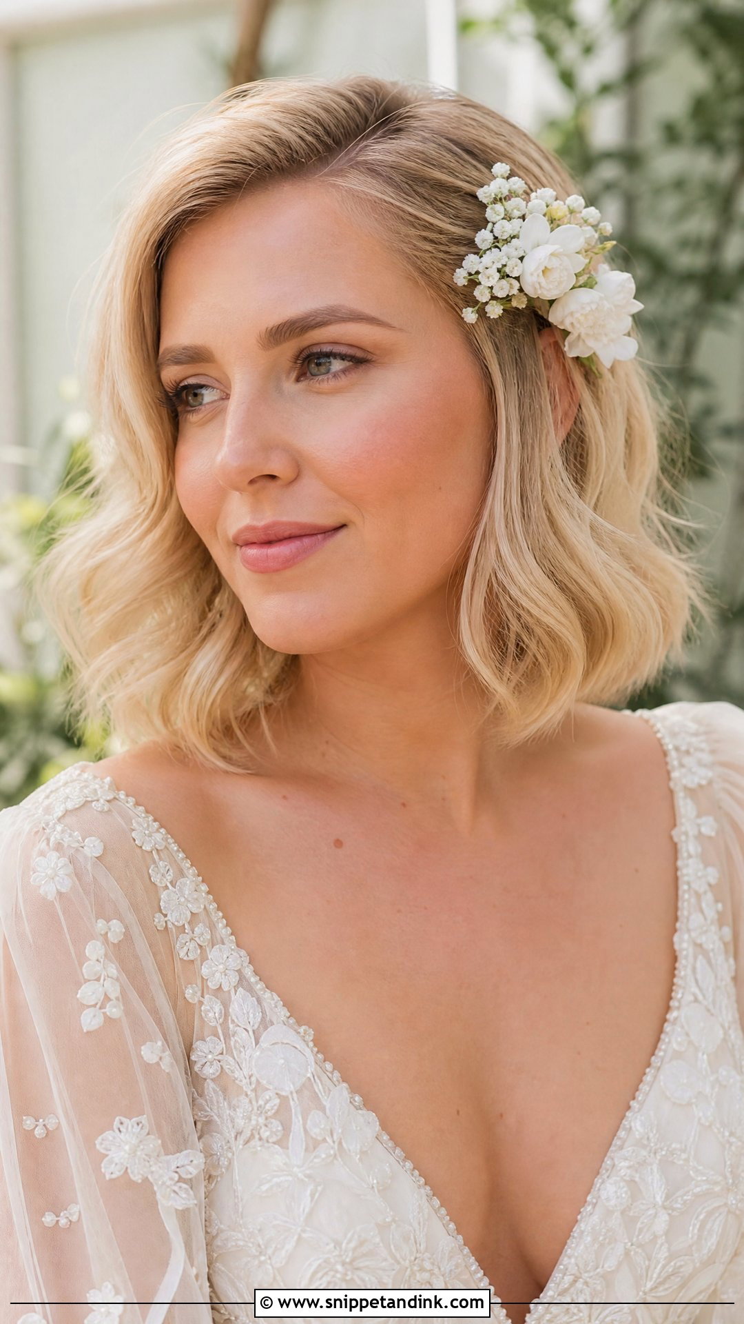 Blonde Bob With Floral Clip Wedding Hair - Snippet and Ink - 15 Blonde Bob Wedding Hair Ideas
