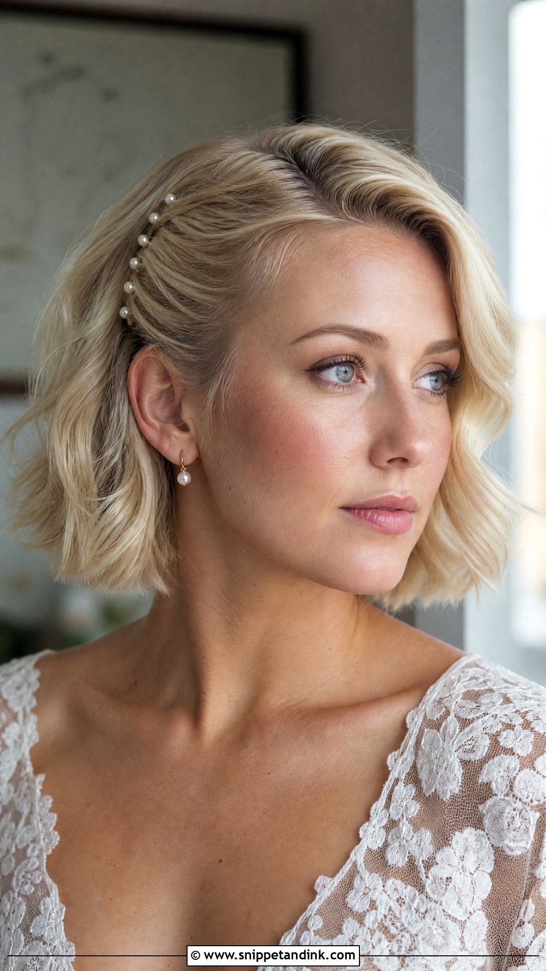 Blonde Bob With Pearl Pins Wedding Hair - Snippet and Ink - 15 Blonde Bob Wedding Hair Ideas