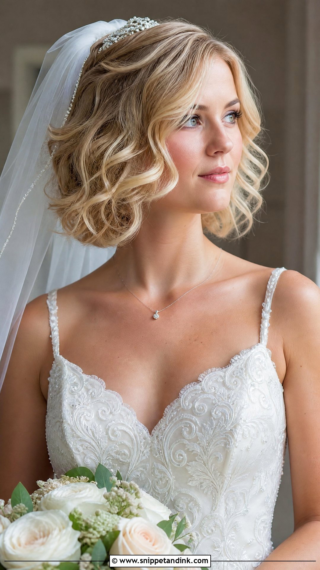 Blonde Bob With Soft Curls and a Veil - Snippet and Ink - 20 Short Blonde Wedding Hair Ideas