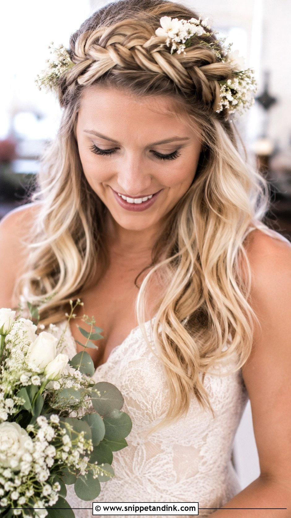 Blonde Braided Crown With Flowers - Snippet and Ink - 25 Blonde Wedding Hair Ideas