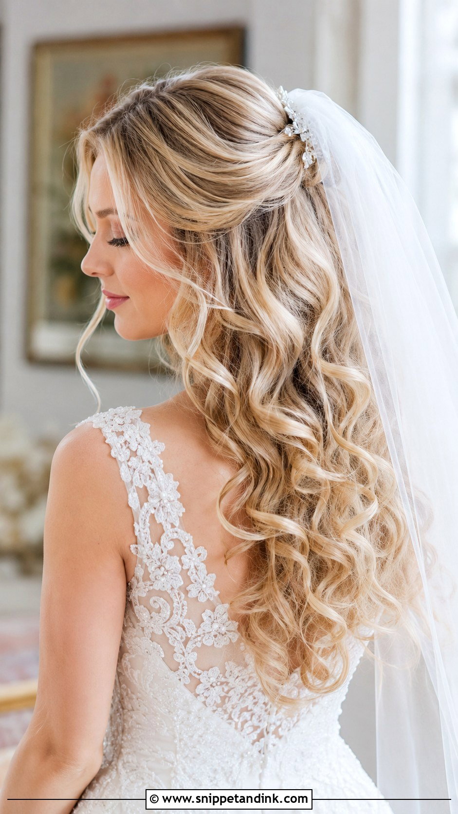 Blonde Cascading Curls With Veil - Snippet and Ink - 25 Blonde Wedding Hair Ideas