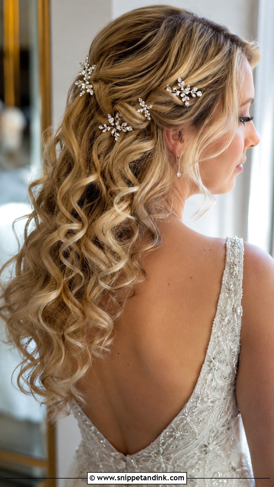 Blonde Curls With Crystal Pins - Snippet and Ink - 20 Long Blonde Wedding Hair Ideas
