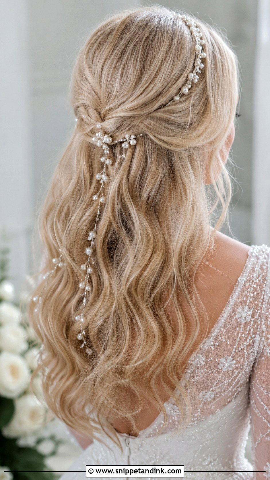 Blonde Hair With Pearl Accessories - Snippet and Ink - 20 Long Blonde Wedding Hair Ideas