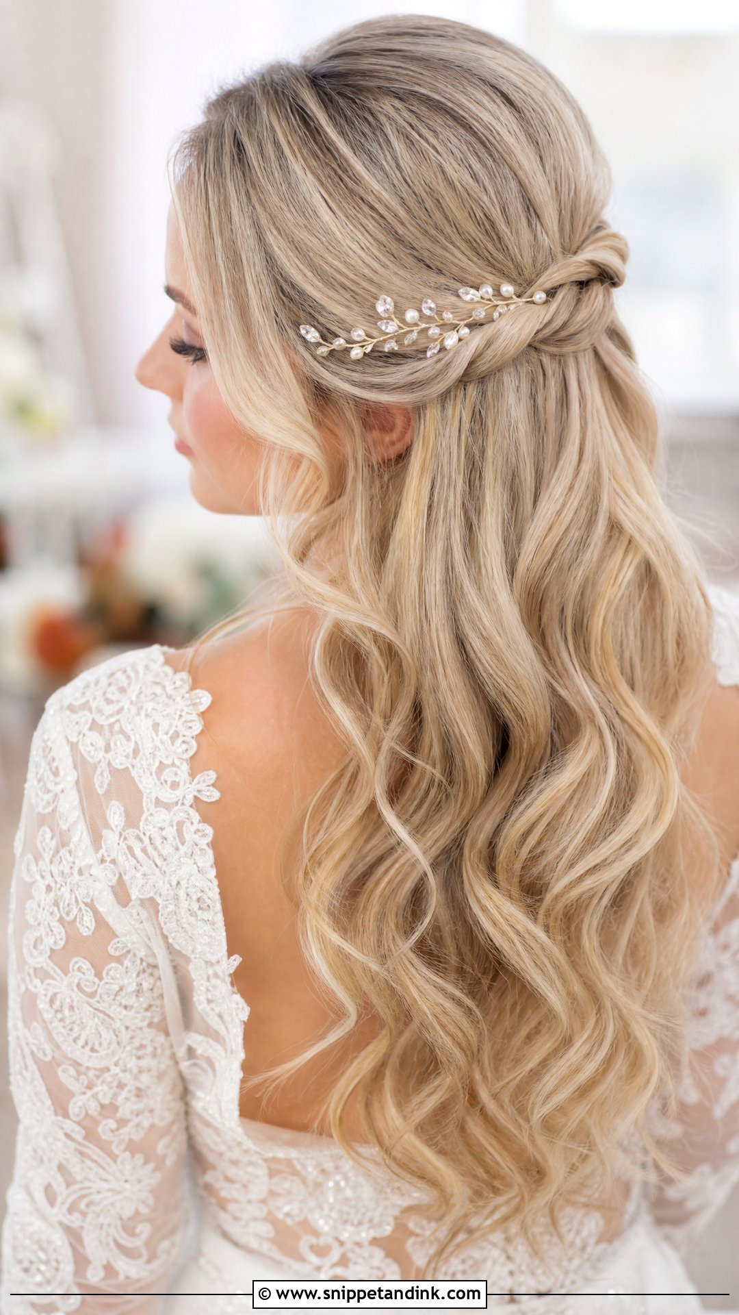 Blonde Half Up Bridal Hair With Hair Vine - Snippet and Ink - 15 Blonde Half-Up Bridal Hair Ideas