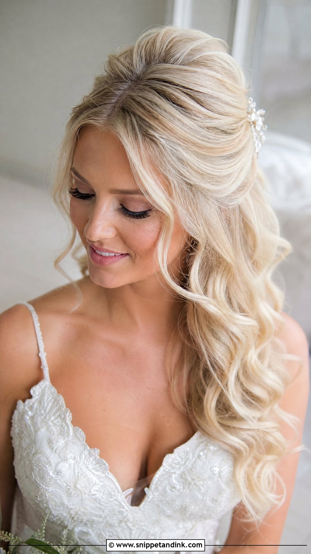 Blonde Half Up Bridal Hair With High Crown Volume - Snippet and Ink - 15 Blonde Half-Up Bridal Hair Ideas