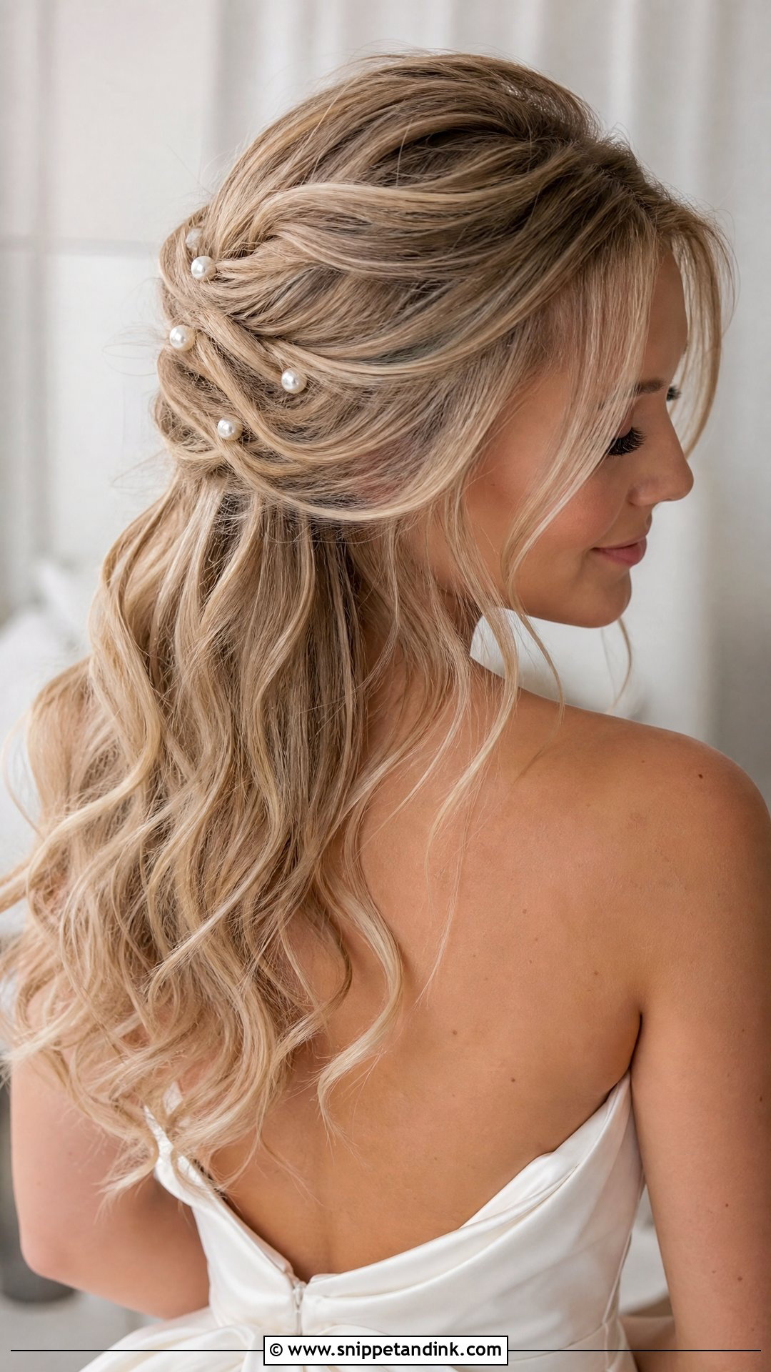 Blonde Half Up Bridal Hair With Pearl Pins - Snippet and Ink - 15 Blonde Half-Up Bridal Hair Ideas