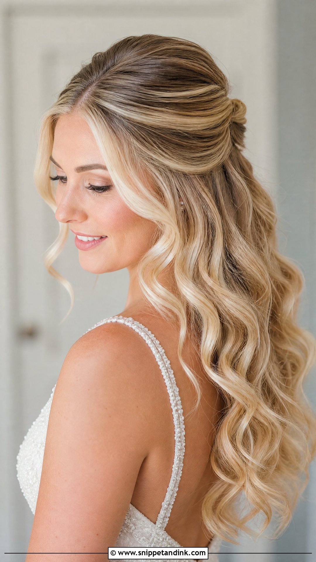 Blonde Half Up Bridal Hair With Soft Curls - Snippet and Ink - 15 Blonde Half-Up Bridal Hair Ideas